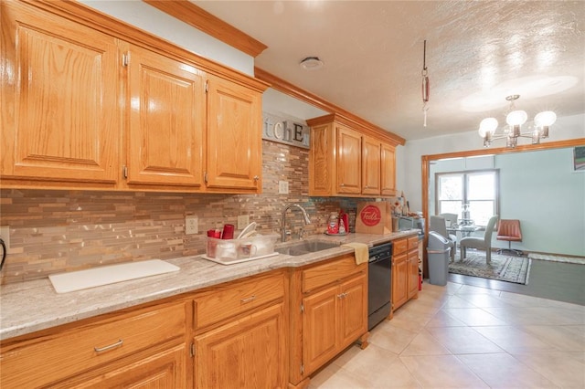 1404 Oak Dr, Edmond, OK 73034 - kitchen with dishwasher, a chandelier, decorative backsplash, light tile patterned floors, and a textured ceiling