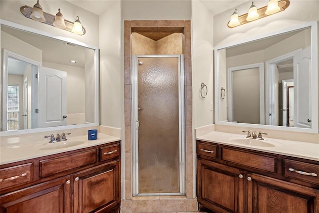 4705 Stag Horn Dr, Yukon, OK 73099 - bathroom featuring two vanities and a shower stall