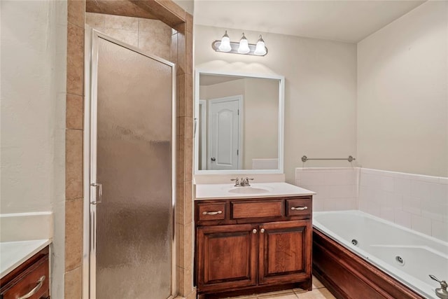 4705 Stag Horn Dr, Yukon, OK 73099 - bathroom with vanity, a shower stall, and a jetted tub