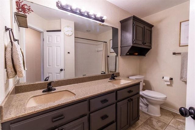 10517 SE 49th St, Oklahoma City, OK 73150 - bathroom featuring double vanity, tile patterned floors, and a shower with shower curtain