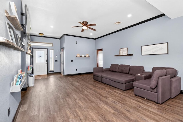 5901 NE Watts Rd, Elgin, OK 73538 - living area with ceiling fan, wood finished floors, crown molding, and recessed lighting