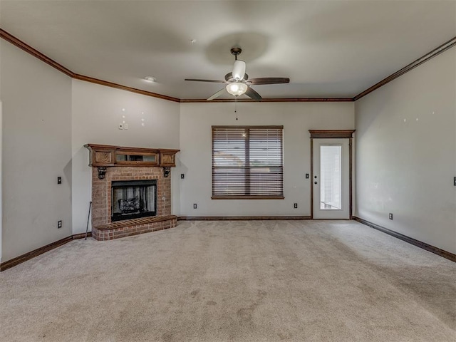 11749 SW 16th St, Yukon, OK 73099 - unfurnished living room featuring carpet flooring, ceiling fan, a fireplace, and ornamental molding