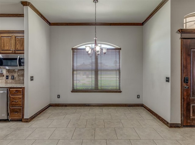 11749 SW 16th St, Yukon, OK 73099 - unfurnished dining area featuring a chandelier, crown molding, and light tile patterned floors
