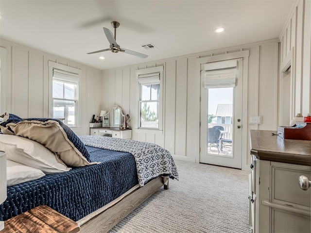 75 Lower Green Way, Carlton Landing, OK 74432 - bedroom with a decorative wall, carpet, access to outside, and a ceiling fan