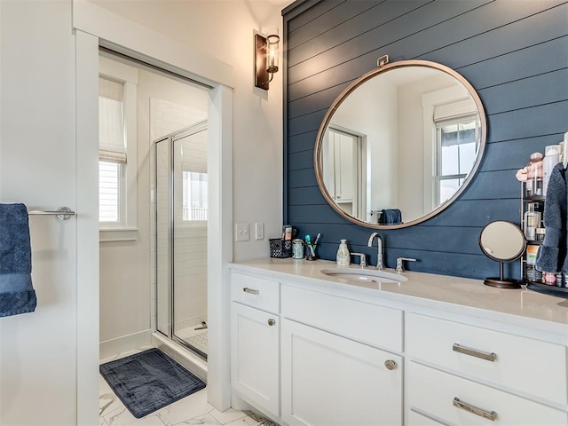 75 Lower Green Way, Carlton Landing, OK 74432 - bathroom featuring marble finish floors, a shower stall, vanity, and wood walls