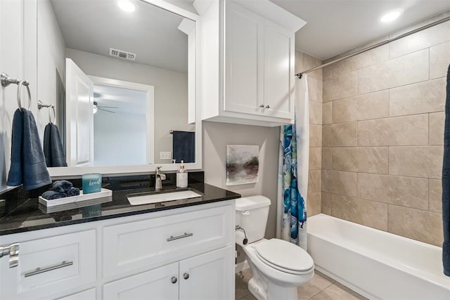 12904 SW 8th St, Yukon, OK 73099 - bathroom with vanity, tile patterned floors, shower / bath combo with shower curtain, and recessed lighting