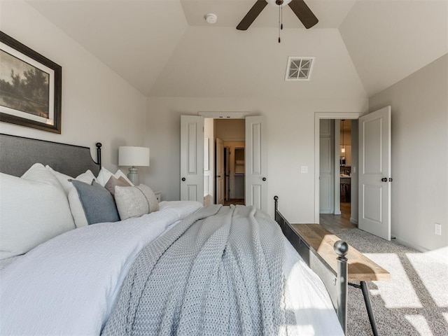 11700 SW 15th Ter, Yukon, OK 73099 - bedroom featuring carpet flooring, high vaulted ceiling, and ceiling fan