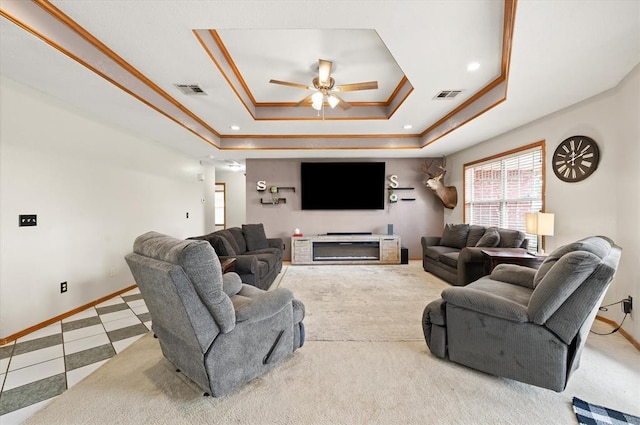 910796 S 3350th Rd, Wellston, OK 74881 - living area with a raised ceiling, a ceiling fan, crown molding, and recessed lighting