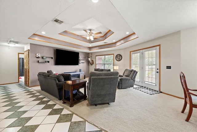 910796 S 3350th Rd, Wellston, OK 74881 - living room featuring a raised ceiling, a ceiling fan, recessed lighting, and carpet