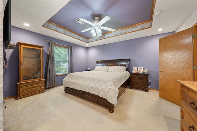 910796 S 3350th Rd, Wellston, OK 74881 - bedroom with a raised ceiling, light colored carpet, a ceiling fan, and recessed lighting
