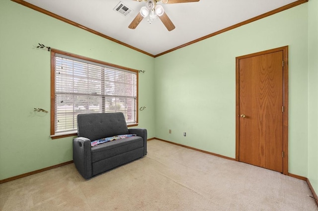 910796 S 3350th Rd, Wellston, OK 74881 - living area with ceiling fan, carpet flooring, and ornamental molding