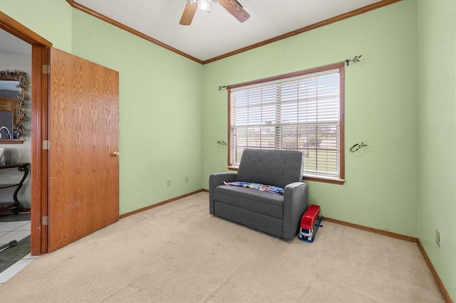 910796 S 3350th Rd, Wellston, OK 74881 - sitting room featuring ornamental molding, carpet flooring, and a ceiling fan