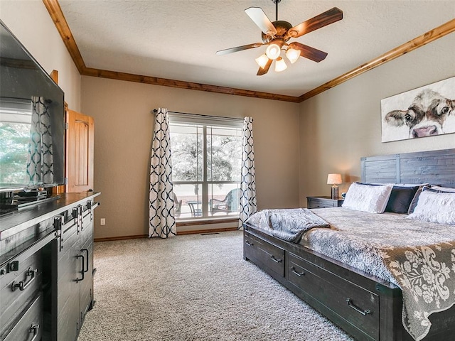 12905 S Mustang Rd, Mustang, OK 73064 - bedroom with light carpet, crown molding, multiple windows, a ceiling fan, and a textured ceiling