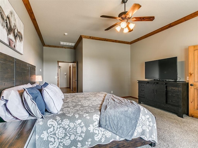 12905 S Mustang Rd, Mustang, OK 73064 - bedroom with ornamental molding, carpet floors, and ceiling fan