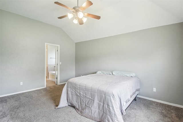 4605 Mackenzie Dr, Moore, OK 73160 - bedroom with vaulted ceiling, carpet, ceiling fan, and connected bathroom