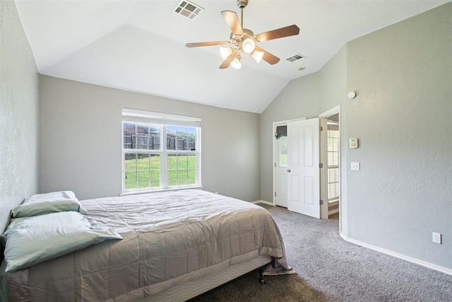 4605 Mackenzie Dr, Moore, OK 73160 - bedroom featuring vaulted ceiling, carpet, a ceiling fan, and a textured wall