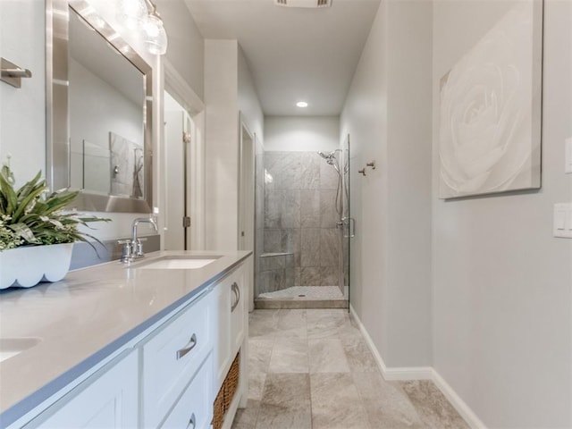 3508 Pavilion Pl, Edmond, OK 73034 - bathroom featuring a stall shower, double vanity, and recessed lighting