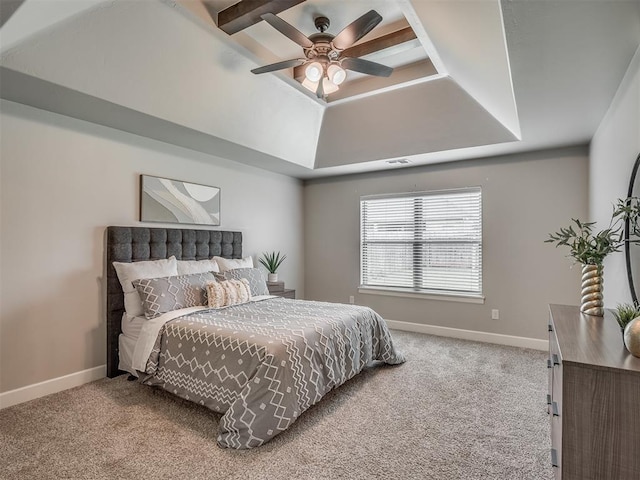 4821 Hidalgo Ave, Mustang, OK 73064 - bedroom with a tray ceiling, carpet, and a ceiling fan