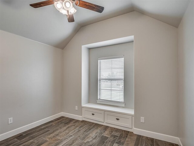4821 Hidalgo Ave, Mustang, OK 73064 - spare room featuring ceiling fan, vaulted ceiling, and dark wood-type flooring