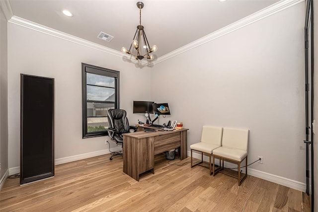2916 Wood Thrush Way, Edmond, OK 73012 - office space with ornamental molding, a chandelier, light wood finished floors, and recessed lighting
