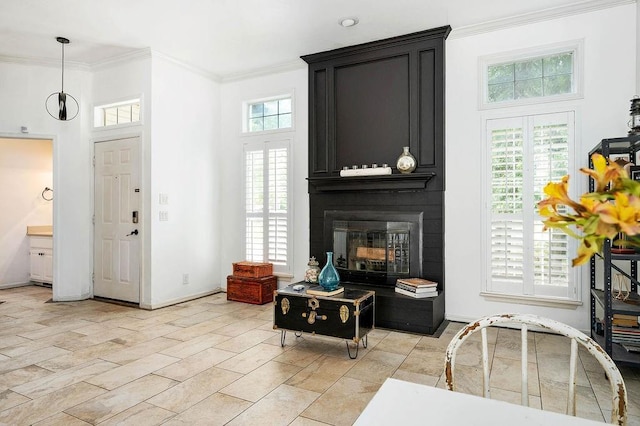 13848 Twin Ridge Dr, Edmond, OK 73034 - living room featuring a fireplace, ornamental molding, and a towering ceiling