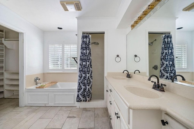 13848 Twin Ridge Dr, Edmond, OK 73034 - bathroom featuring healthy amount of natural light, ornamental molding, a bath, double vanity, and a tile shower