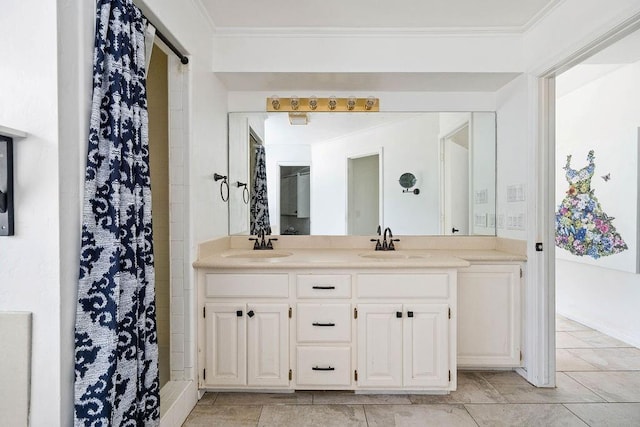 13848 Twin Ridge Dr, Edmond, OK 73034 - bathroom with double vanity, crown molding, and a shower with curtain