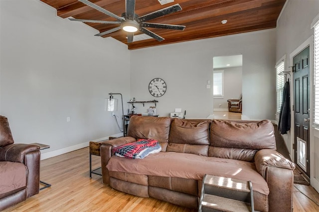 3424 NW 16th St, Oklahoma City, OK 73107 - living room featuring wooden ceiling, ceiling fan, and light wood-style floors