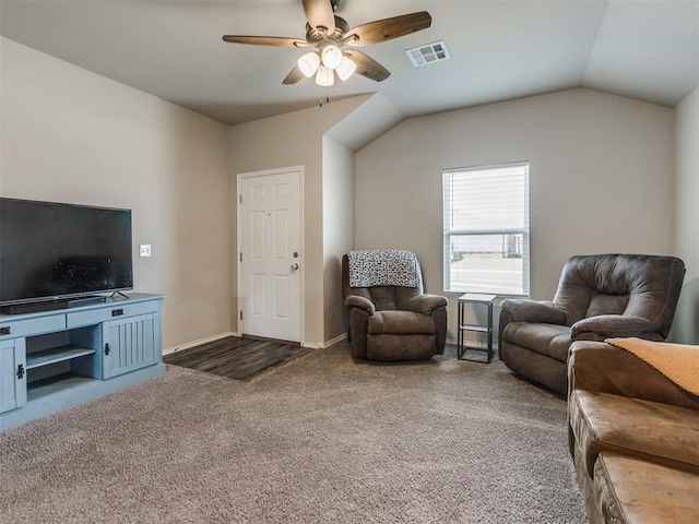 10408 NW 17th St, Oklahoma City, OK 73127 - carpeted living room with ceiling fan and lofted ceiling