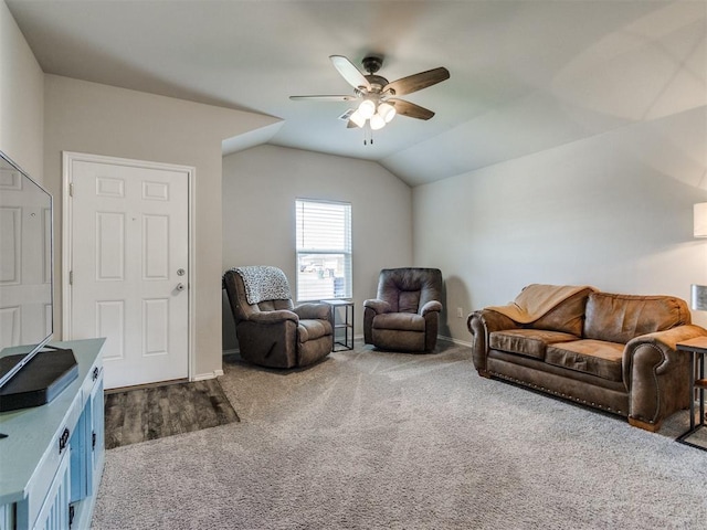 10408 NW 17th St, Oklahoma City, OK 73127 - living area featuring ceiling fan, carpet, and vaulted ceiling