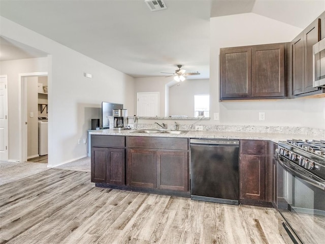 10408 NW 17th St, Oklahoma City, OK 73127 - kitchen featuring dishwashing machine, black gas range oven, light wood finished floors, dark brown cabinetry, and ceiling fan