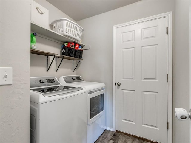 10408 NW 17th St, Oklahoma City, OK 73127 - washroom featuring washing machine and dryer and dark wood-type flooring