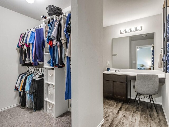 10408 NW 17th St, Oklahoma City, OK 73127 - bathroom with vanity, a walk in closet, and wood finished floors
