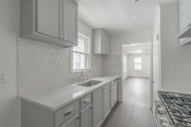 2220 SW 28th St, Oklahoma City, OK 73108 - kitchen with backsplash, stainless steel appliances, gray cabinetry, light countertops, and wood finished floors
