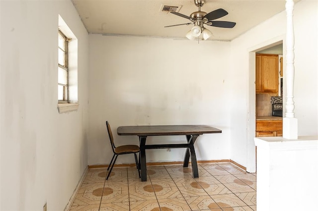 2120 E Robberts Ave, Kingfisher, OK 73750 - dining area featuring ceiling fan and light tile patterned floors