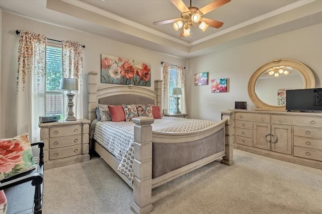1716 NW 182nd St, Edmond, OK 73012 - bedroom with a raised ceiling, crown molding, light carpet, and a ceiling fan