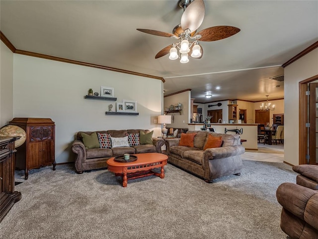 9021 NW 81st St, Yukon, OK 73099 - living area featuring a chandelier, ornamental molding, carpet flooring, and a ceiling fan