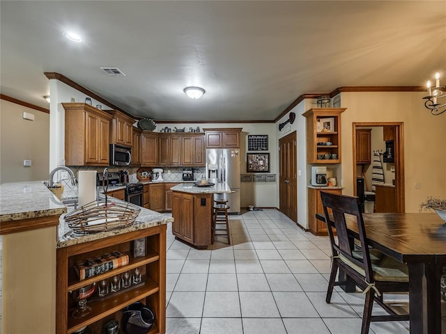 9021 NW 81st St, Yukon, OK 73099 - kitchen with appliances with stainless steel finishes, open shelves, crown molding, decorative backsplash, and light tile patterned floors