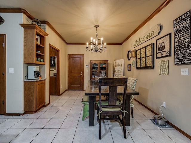 9021 NW 81st St, Yukon, OK 73099 - dining space featuring a chandelier, light tile patterned floors, and crown molding