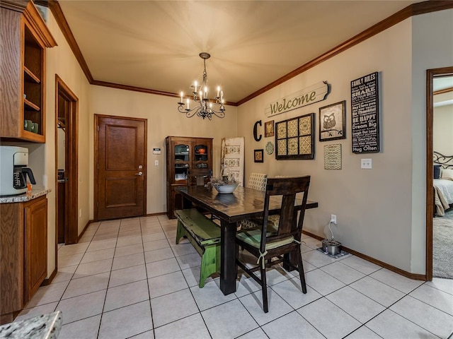 9021 NW 81st St, Yukon, OK 73099 - dining room featuring a chandelier, light tile patterned flooring, and ornamental molding