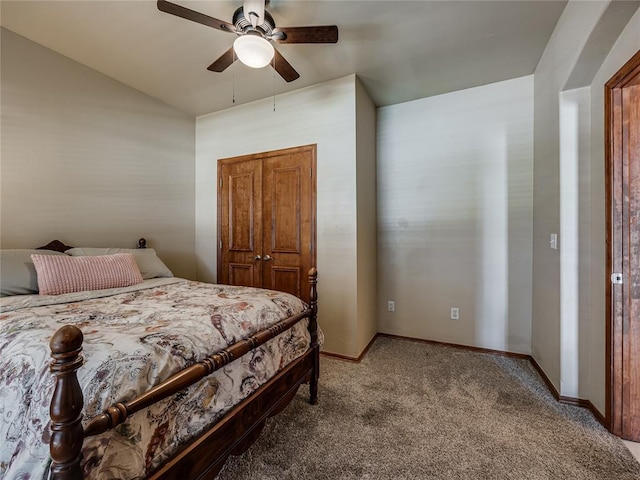 9021 NW 81st St, Yukon, OK 73099 - bedroom featuring light colored carpet, vaulted ceiling, and ceiling fan