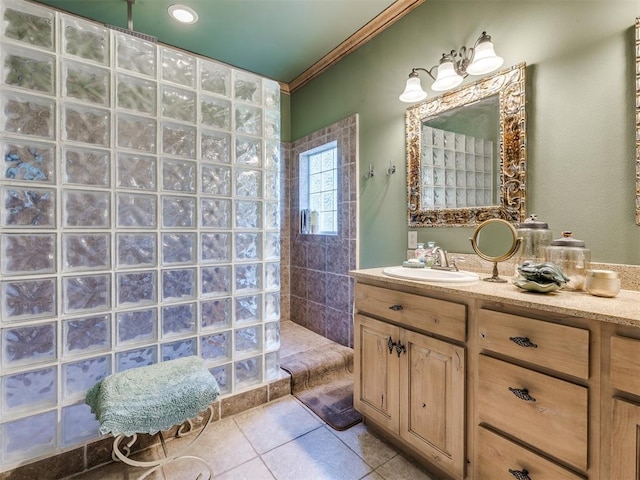 56201 E 285th Rd Unit F36, Afton, OK 74331 - full bathroom featuring tile patterned flooring, walk in shower, ornamental molding, and vanity