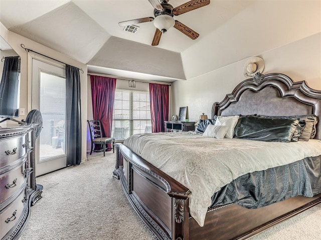 516 SW 161st St, Oklahoma City, OK 73170 - bedroom featuring light carpet, a ceiling fan, and vaulted ceiling