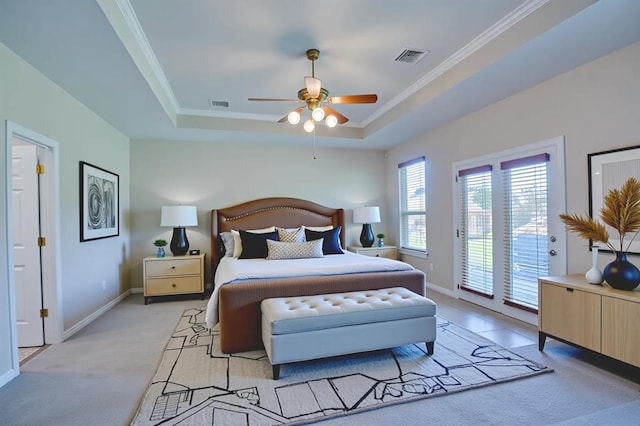 4621 Deer Ridge Blvd, Yukon, OK 73099 - bedroom with access to exterior, light colored carpet, a raised ceiling, crown molding, and a ceiling fan