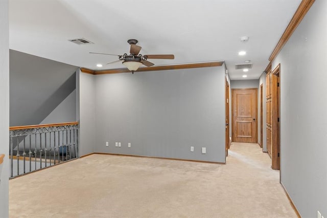 4719 W Two Lakes Ave, Norman, OK 73072 - carpeted empty room with ceiling fan, recessed lighting, a smoke detector, and ornamental molding