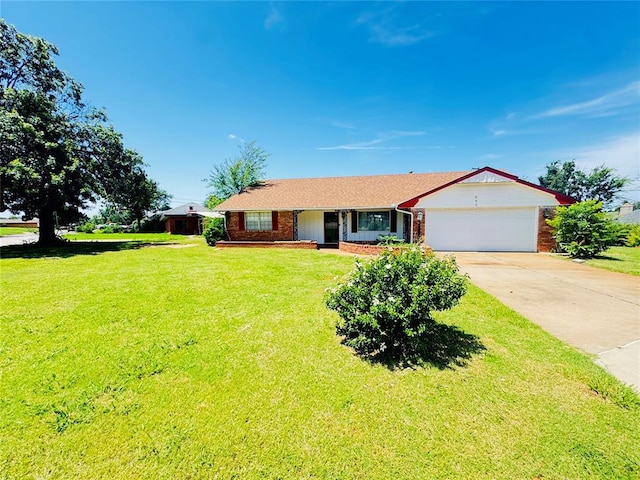 302 NE 60th St, Oklahoma City, OK 73105 - ranch-style home featuring concrete driveway, an attached garage, a front yard, and brick siding