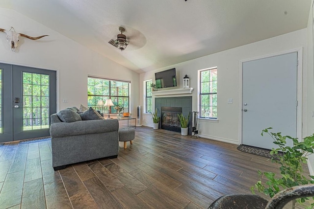 22797 N Henney Rd, Luther, OK 73054 - living area with a ceiling fan, dark wood-style flooring, lofted ceiling, healthy amount of natural light, and a fireplace