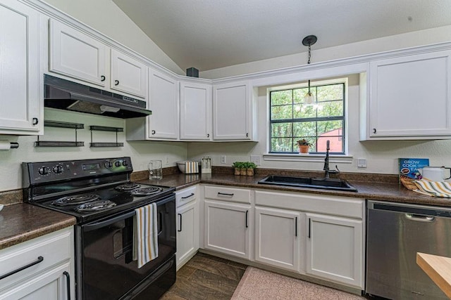 22797 N Henney Rd, Luther, OK 73054 - kitchen featuring black / electric stove, dishwasher, under cabinet range hood, lofted ceiling, and dark countertops