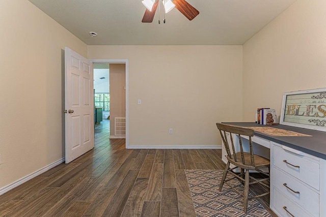 22797 N Henney Rd, Luther, OK 73054 - home office with dark wood-style flooring, ceiling fan, and built in study area