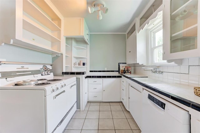 701 NW 46th St, Oklahoma City, OK 73118 - kitchen featuring white appliances, white cabinets, light tile patterned flooring, open shelves, and crown molding